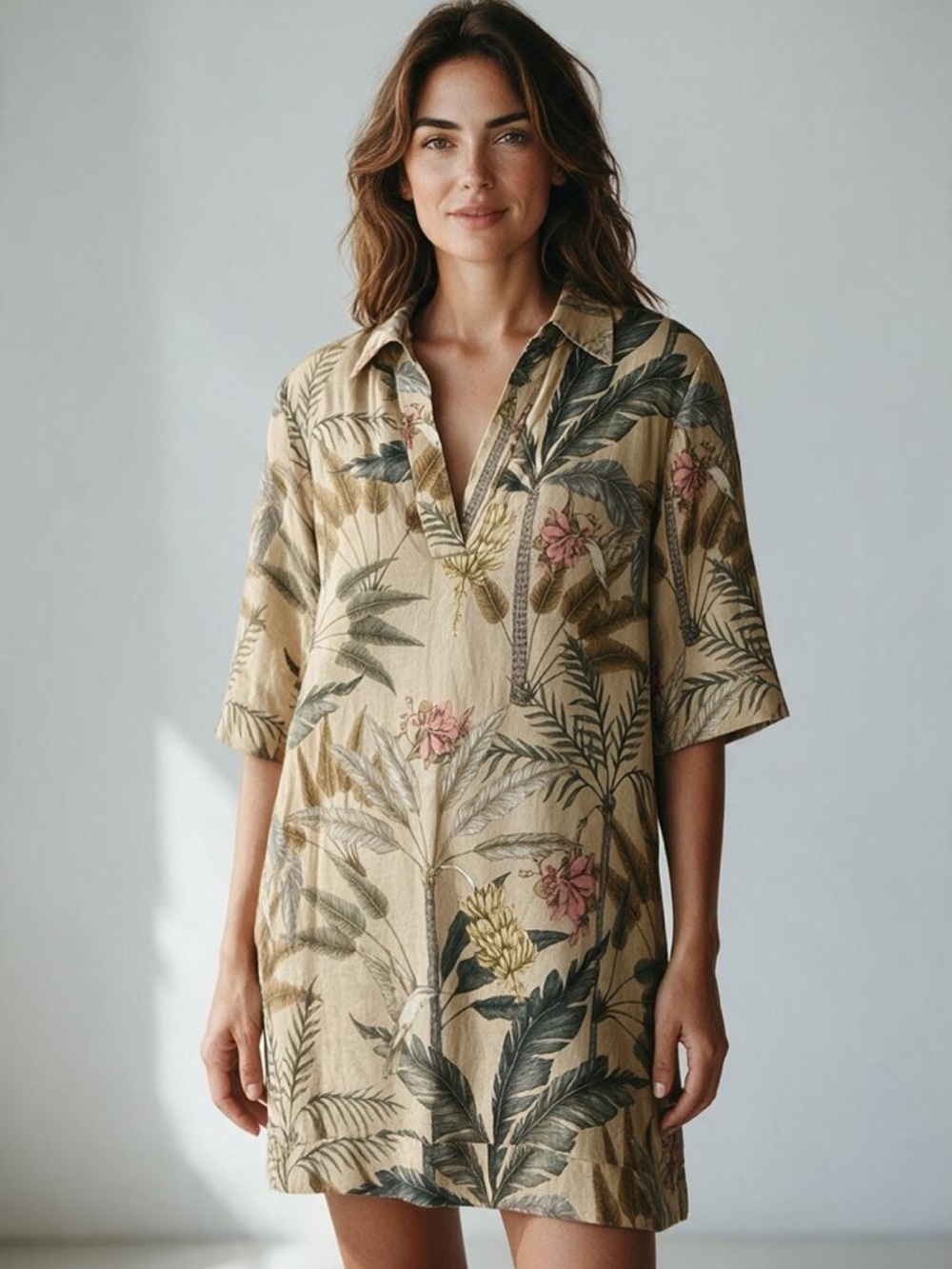 H&M Khaki Tropical Print Short Shirt Dress